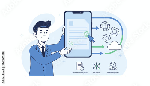 Modern businessman interacting with a digital document on a mobile phone, showcasing a streamlined workflow with icons representing document management, paperless operations, and ERP systems