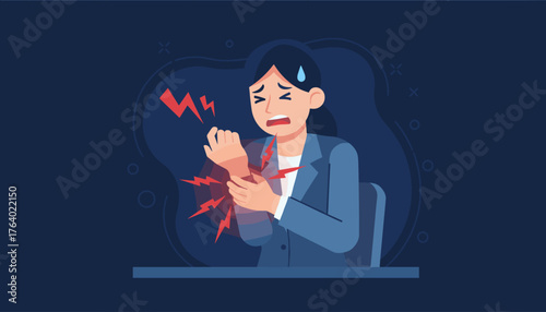 A stressed businesswoman in a blue suit clutches her wrist in agony, with red lightning bolts symbolizing intense pain and discomfort, highlighting potential carpal tunnel syndrome or repetitive