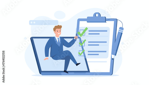 Modern flat illustration of a businessman sitting on a laptop, checking off items on a digital checklist with a pen, symbolizing task completion, productivity, and online business management, with a