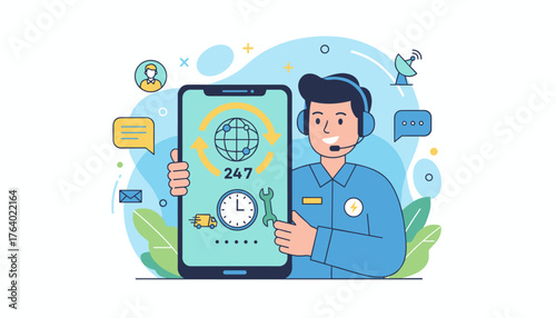 Vibrant illustration of a friendly call center agent holding a smartphone displaying a 24/7 support icon, global network symbol, clock, and wrench, surrounded by communication and delivery icons