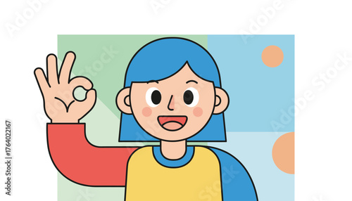 Modern flat vector illustration of a cheerful young person with blue hair, wearing a yellow and red shirt, making the OK hand gesture with their right hand, conveying positivity and approval against