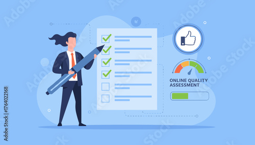 Vibrant flat illustration of a businessman holding a giant pen, checking off items on a digital checklist with green checkmarks, symbolizing successful online quality assessment and positive feedback