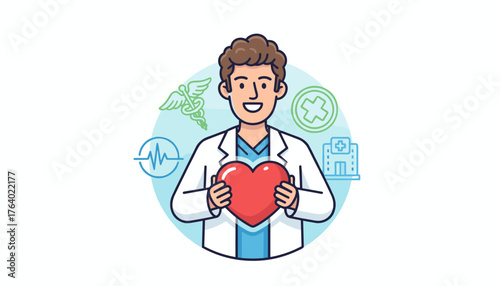 A friendly and caring physician, depicted in a modern, flat illustration style, holds a vibrant red heart symbol in front of a light blue circular background, surrounded by medical icons like a