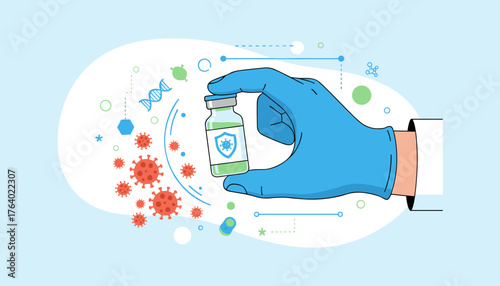 A gloved hand holds a vaccine vial, symbolizing protection against viruses like COVID-19, with scientific elements such as DNA and microscopic virus illustrations in the background, representing