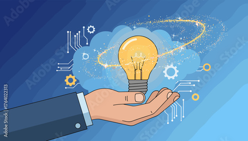 Close-up of a hand in a suit holding a glowing incandescent light bulb symbolizing innovation and creativity, surrounded by digital circuit elements and a sparkling cloud, representing technology and