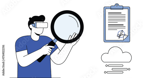 Man in vr headset explores digital contract and cloud storage in immersive virtual reality experience