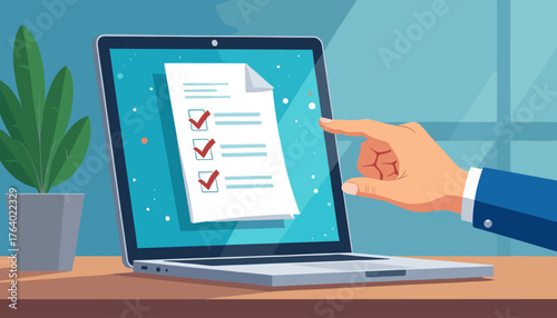 Close-up of a hand in a blue suit jacket touching a digital document with checkboxes on a laptop screen, symbolizing online tasks, digital workflow, and task management in a modern business