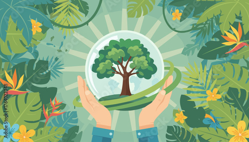 Hands cradle a vibrant green tree encased in a glass globe, symbolizing environmental protection and the Earth's delicate ecosystem, surrounded by lush tropical foliage and exotic flowers