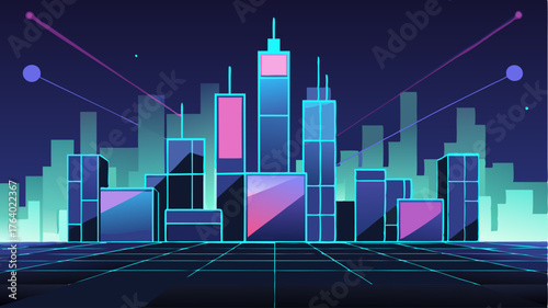 A futuristic skyline made of digital screens interconnected with light beams showcasing the urban aspect of digital networking.