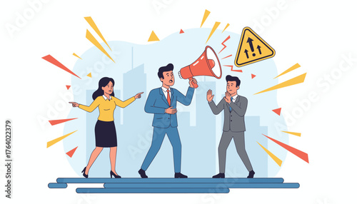 Business people in a tense meeting, one man shouting through a megaphone, another man holding up his hands in a defensive gesture, and a woman pointing accusingly, conveying a sense of conflict and