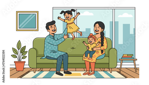 Joyful Indian family with two children, a boy and a girl, enjoying quality time together in a cozy living room, with the father tossing the daughter in the air and the mother holding the son