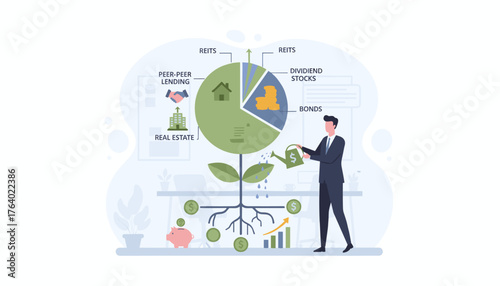 Conceptual illustration of investment portfolio asset allocation for passive income growth, featuring a pie chart with REITs, dividend stocks, bonds, peer-to-peer lending, and real estate, watered by