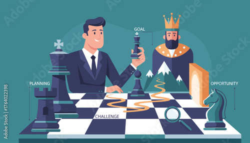Strategic business leadership concept illustrated with a chessboard, featuring chess pieces representing planning, challenge, goal, and opportunity, with a businessman making a move towards success.