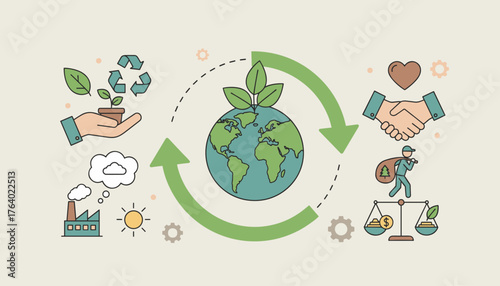Sustainable procurement concept illustration with a hand holding a plant and recycling symbol, Earth at center with green arrows, and icons representing industry, nature, and balance of resources
