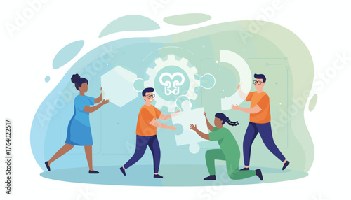 Diverse team of people collaborating to assemble a large puzzle, symbolizing teamwork, problem-solving, and idea generation, with a central gear and brain graphic representing innovation and