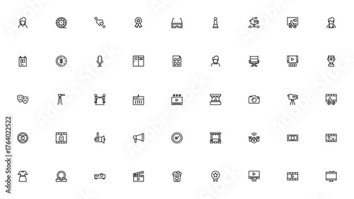 Film Industry icon set. Vector illustration. Include symbols for actress, diretor, camera, film reel, osar, cinema, red carpet, edting, and more. Editable sroke.