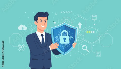 Professional businessman in a suit holding a blue shield with a digital padlock and circuit board pattern, symbolizing data security, cybersecurity, and technical support efficiency, against a