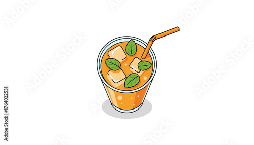 Top view of a refreshing glass of orange juice with ice cubes and mint leaves, garnished with a straw, perfect for summer drinks and healthy lifestyle concepts, isolated on a white background