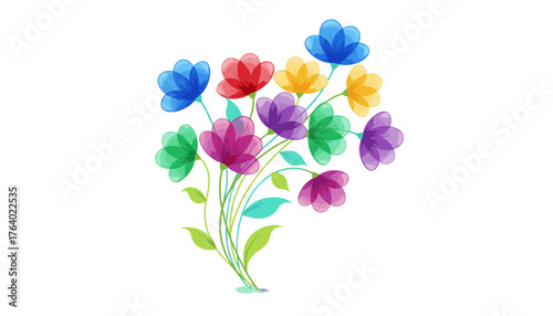A vibrant bouquet of translucent, multicolored flowers, including blue, red, yellow, purple, and green, artfully arranged with delicate leaves and stems against a clean, isolated white background