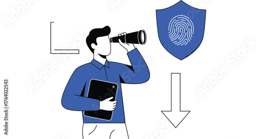 Man with telescope searches for security shield symbol of protection and future vision
