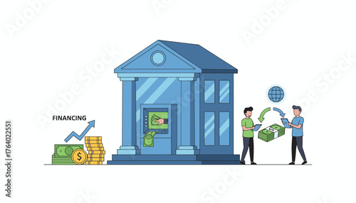 Flat vector illustration of a modern blue bank building with an ATM dispensing cash, stacks of money, and a rising financing graph, symbolizing financial transactions and economic growth, set against