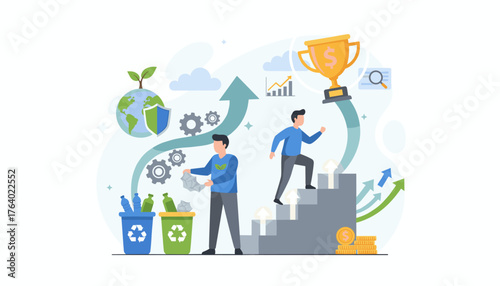 Vibrant vector illustration depicting a successful business growth journey, featuring recycling, environmental protection, upward trending graphs, a golden trophy, and individuals climbing stairs
