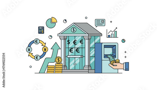 Flat vector illustration of a modern bank building with an ATM, symbolizing financial transactions, currency exchange, and economic growth through charts, graphs, and stacks of coins, all on a clean
