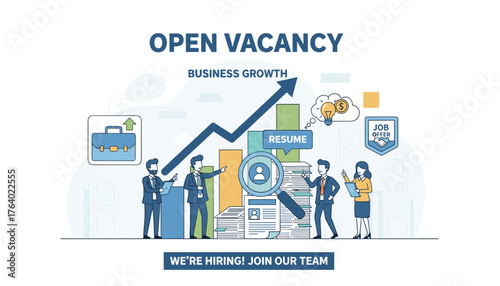Open vacancy and business growth concept illustration with diverse team members reviewing resumes and job offers, symbolizing career opportunities and company expansion with a rising graph and