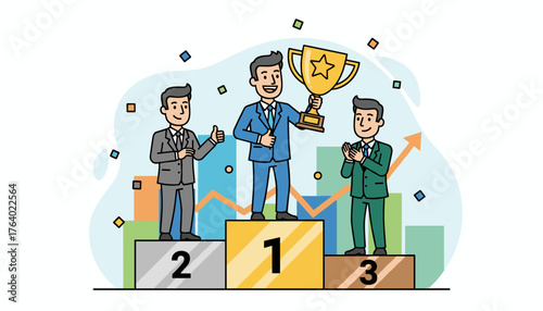 Vector illustration of three businessmen on a podium celebrating success, with the winner holding a golden trophy aloft, symbolizing achievement, competition, and business victory, set against a