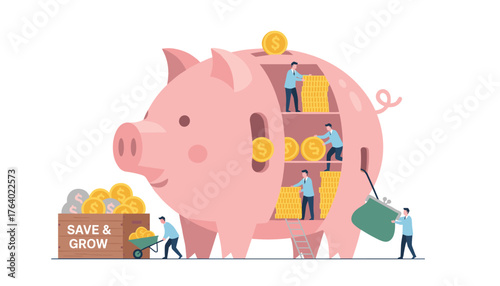 Vivid flat illustration of a large, pink piggy bank with people inside stacking gold coins, symbolizing savings and financial growth, with a wooden crate labeled "SAVE & GROW" and a purse