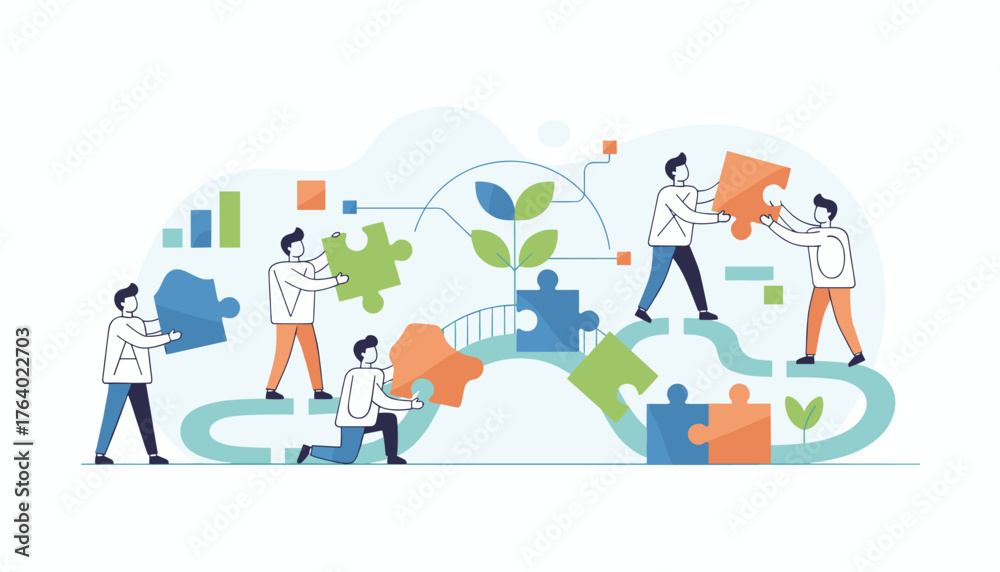 Fototapeta premium Business concept metaphor of teamwork and collaboration, with diverse people connecting puzzle pieces to build a project, symbolizing strategy, problem-solving, and shared goals in a modern flat