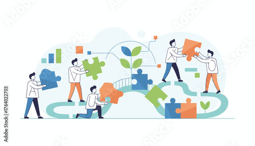 Business concept metaphor of teamwork and collaboration, with diverse people connecting puzzle pieces to build a project, symbolizing strategy, problem-solving, and shared goals in a modern flat