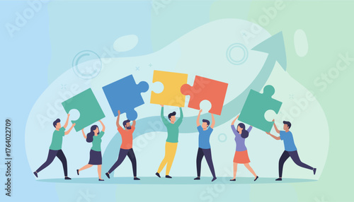 Vibrant flat illustration of a diverse team of people collaborating to connect colorful puzzle pieces, symbolizing teamwork, strategy, and business growth, set against a gradient background with