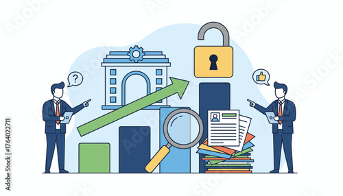 Business growth chart with upward arrow, two businessmen analyzing data, magnifying glass, stack of documents, and an open padlock symbolizing unlocked opportunities and company expansion