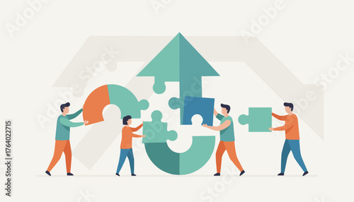 Business concept metaphor of teamwork and collaboration, with diverse people connecting puzzle pieces to form an upward arrow symbolizing growth, success, and shared goals in a modern, minimalist