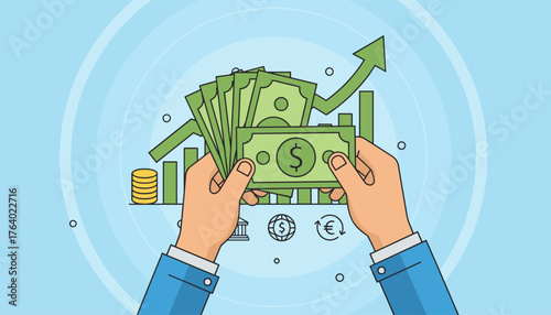 Close-up of a businessperson's hands holding a fan of US dollar bills against a backdrop of a rising green financial graph, coins, and currency symbols, symbolizing investment growth and economic