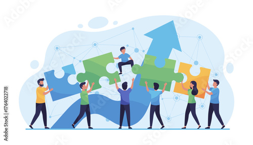 Diverse team of people collaborating to connect puzzle pieces, symbolizing business strategy, teamwork, and successful project completion, with an upward arrow indicating growth and progress in a