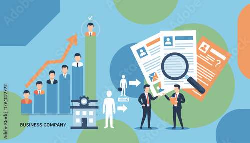 Business company growth concept with upward trending bar graph showing employee selection and hiring process, analyzed with magnifying glass over resumes, representing recruitment and career