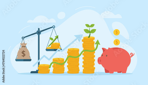 Conceptual illustration of business finance and saving money, depicting a growing investment with stacks of gold coins, a piggy bank, a money bag on a scale, and upward trending arrows symbolizing