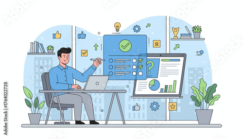 Modern flat illustration of a businessman working on a laptop, checking off items on a digital checklist, with graphs and charts displayed on a screen, symbolizing business performance, productivity