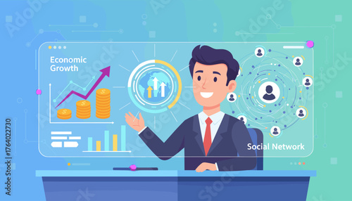 Dynamic illustration of a businessman presenting economic growth charts, stacks of coins, and a global social network diagram, symbolizing business success, financial progress, and interconnectedness