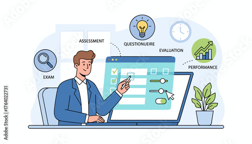 Business performance assessment concept with a businessman interacting with a digital checklist on a laptop, symbolizing evaluation, questionnaires, and exam processes for improved results and growth.