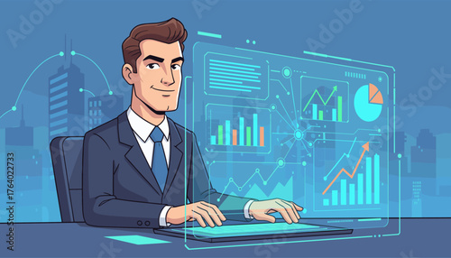 A confident businessman in a suit sits at a desk, analyzing digital sales data and growth charts displayed on a futuristic holographic interface, with a cityscape in the background, symbolizing