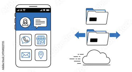 Modern smartphone displaying app interface with cloud storage and data transfer icons for digital communication