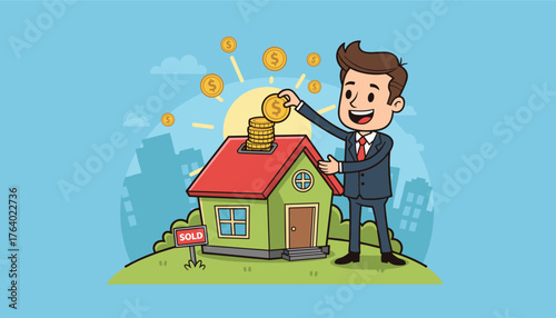 Cartoon businessman in a suit happily depositing golden coins into a small house piggy bank, symbolizing real estate investment, savings, and financial growth, with a 'SOLD' sign and city skyline in