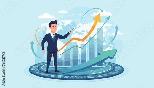 Dynamic businessman in a suit pointing at an upward trending financial growth graph, symbolizing economic progress and business success against a backdrop of a world map and city skyline