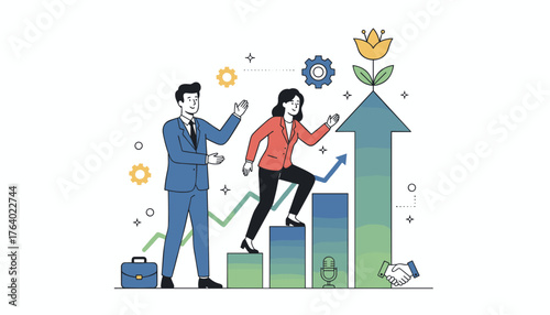 Business mentor coaching or consulting to help success, a man in a blue suit and a woman in a red jacket climbing a growing bar chart arrow, symbolizing career advancement, teamwork, and financial