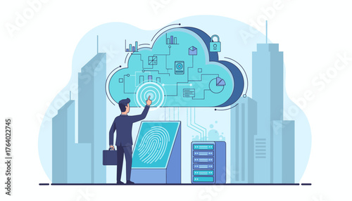 Businessman interacting with a futuristic cloud computing interface featuring fingerprint scanning technology, data analytics, and security locks, set against a backdrop of modern city skyscrapers