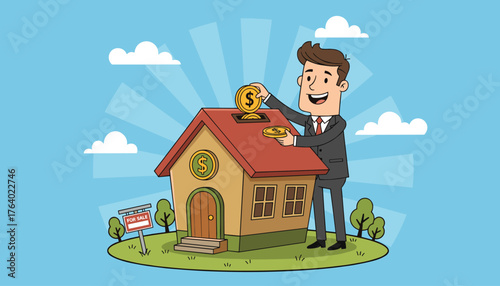 Cheerful businessman in a suit deposits golden coins with dollar signs into a piggy bank shaped like a house, symbolizing savings and investment in real estate, with a "For Sale" sign nearby, against