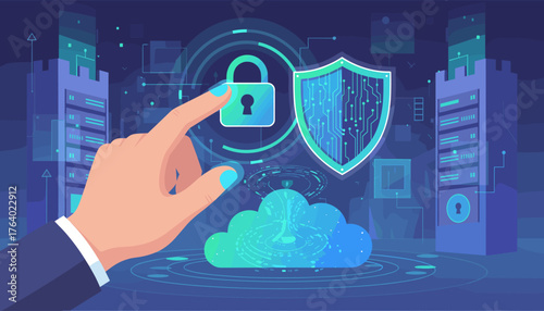 Digital cybersecurity protection concept with a hand touching a glowing padlock and shield icon, surrounded by futuristic server racks, cloud storage, and abstract data streams on a dark blue